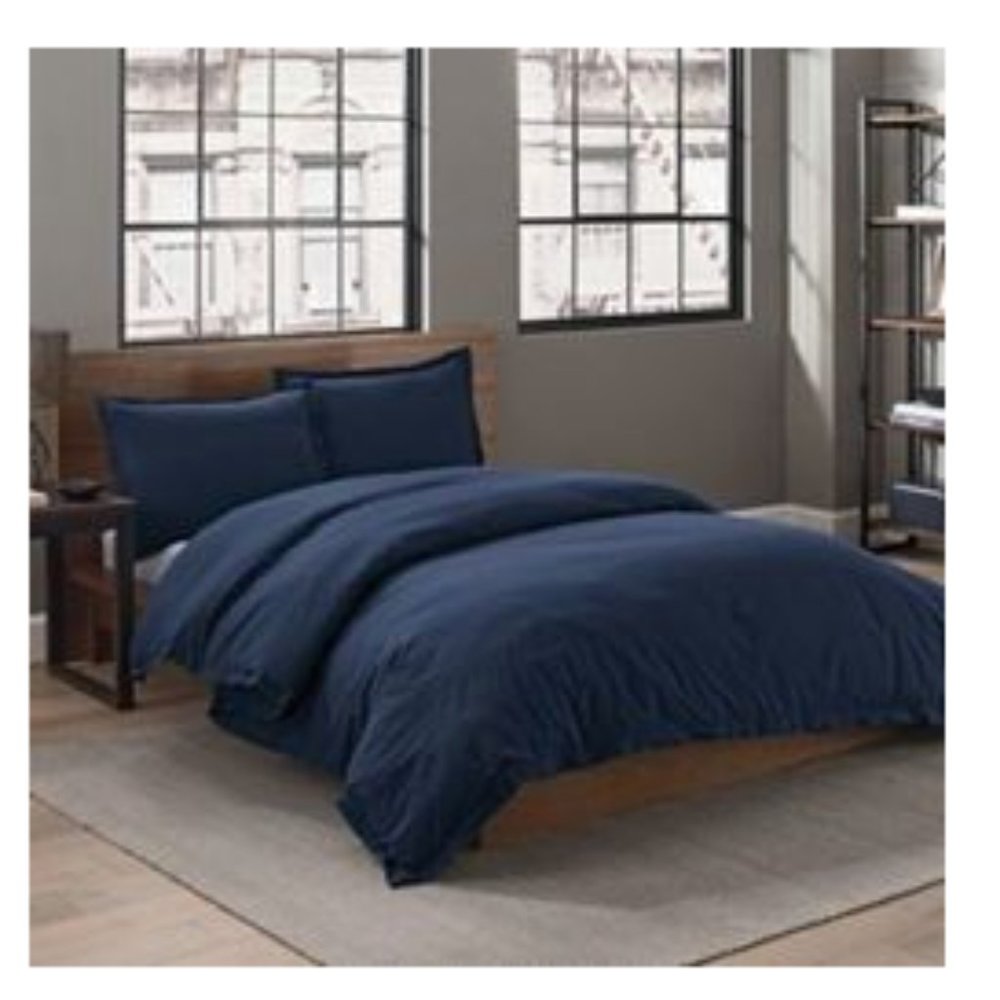 Garment Washed Solid Duvet Cover Set - Navy - F/Qn